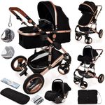 Baby Stroller 3 in 1 Pram Pushchair Buggy Child Lightweight Folding Stroller 3 in 1 Travel System Pram for Newborns Toddlers 0-36 Months from Birth Aluminium (Black - Rose Gold Frame)