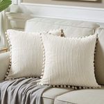 Fancy Homi Pack of 2 Corduroy Soft Decorative Throw Pillow Covers with Pom-poms, Solid Square Cushion Case Pillow Cases Set for Couch Sofa Bedroom Car Living Room (24x24 Inch/60x60 cm, Cream)