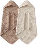 Yoofoss Hooded Baby Towels for Newborn 2 Pack 100% Muslin Organic Cotton Baby Bath Towel with Hood for Babies, Infant, Toddler and Kids, 37.5"x37.5", Soft and Absorbent Newborn Essential, Beige&Coffee