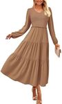 PRETTYGARDEN Womens Casual Smocked Midi Dress 2025 Spring Long Sleeve V Neck Tiered A Line Long Flowy Dress (Khaki,Small)