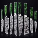 SENKEN 8-Piece Engraved Japanese Kitchen Knife Set & Beautiful Green Resin Wood Handles - Wasabi Collection - Chef's Knife, Bread Knife, Cleaver Knife, Paring Knife, & More