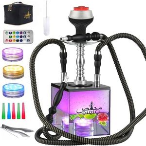 QiQiCi Hookah Set 2 Hose Hookahs Shisha with Everything Modern Cube Hookahs Acrylic Hookah LED Hooka with Hookah Bowl