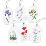 Set of 6 Large Floral Gift Tags with Different Botanical Flower Illustrations with White Ribbon, Pretty Feminine Present Labels