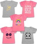 Girls 5-Pack Printed T-Shirts, Pink Grey Short Sleeve, Crew Neck. Unicorn, Panda, Selfie, Rainbow. Cute Designs (Combo B, 14/16)