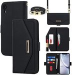 Cavor Crossbody Wallet Case for iPhone XR Case (6.1") Flip Cover Magnetic Leather Women Handbag Card Slots Holder Zipper Kickstand Purse with Detachable Shoulder Necklace Lanyard Strap-Black