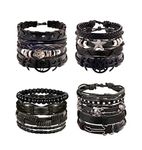 PATISORNA 16Pcs Black Skull Leather Bracelets Set for Men Stackable Braided Cuff Bracelet Punk Rock Handmade Wristband