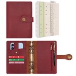 Wonderpool A6 Binder Travel Diary Journal Notebook, College Ruled Paper Refillable, Leather Budget Binder Rings Organizer with Pen for Office School Business Planning Writing (Wine red,A6)