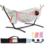 PNAEUT 100% Pure Cotton Hammock with Stand for Outside, Handmade Tassel Hammocks, Max 450 lbs Capacity, Tree Straps & Carabiners & Pillow & Storage Bag and Portable Carrying Bag Included (Colorful)