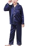 Happy Cherry Kids Satin Pajamas Fashion Classic Sleepwear Set Sleep Silk PJS Set Soft Two Piece Sleepwear Button Down Long Sleeve Pajamas Fashion Solid Pajamas Set Blue 7-8t