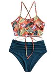 ZAFUL Womens Two Piece Tankini Padded Floral Lace Up Tankini Top High Waist Shorts Swimsuit - - 10