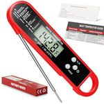 RUN HELIX Meat Thermometer Probe - Instant Read Food Thermometer with Backlight LCD Screen, Foldable Long Probe, Perfect for Cooking, BBQ, Candy Making, Milk, Water & Meat (Red)