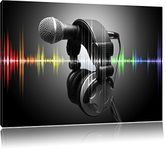 Pixxprint Microphone with headphones on microphone stand black/white Size: 100x70 on canvas,huge Pictures completely framed with stretcher, art print on mural with frame