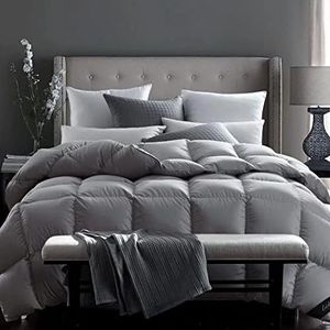 Globon Fusion White Goose Down Comforter Queen Size, 50 Ounce, 600 Fill Power, All Cotton 300 Thread Count Shell,with Corner Tabs, Winter, Grey