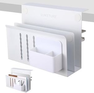LUKETURE Desk Side Storage, 2 Tier Steel Hanging Organizer, No Drill Side Desk Organizer, Laptop Holder, with Pen Holder, Hanging Table Storage for Office Home, Fits Flat Edge Tables 0.3" to 2.8"