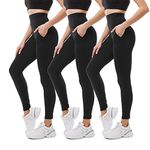 SINOPHANT High Waisted Leggings with Pockets for Women, Buttery Soft Elastic Opaque Tummy Control Stretchy Yoga Pants Trousers(#3 Pack, Black,S-M