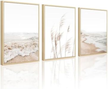 Beach Wall Art Boho Prints Coastal Canvas Wall Art FRAMED, Beach Pictures Wall Art Pampas Grass Ocean Poster Plant Landscape Beach Scene Artwork for Living Room Bedroom Decor 12x16 Inch, Set of 3