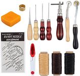 Leather Working Tools Leather Sewing Tools Set, DIY Leather Craft Tools Hand Stitching Tool Set with Groover Awl Waxed Thread Thimble Kit for Stitching Cutting Leather Craft Making (14-Piece Set)