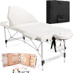 Vesgantti Portable Massage Bed Table - 3-Section Aluminium Foldable Beauty Couch for Reiki Therapy Treatment Salon Healing - Metal Headrest Support/with Carry Bag (Beige White)