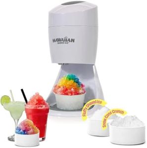 Hawaiian Shaved Ice S900A Snow Cone and Shaved Ice Machine with 2 Reusable Plastic Ice Mold Cups, Non-slip Mat, Instruction Manual, 1-year Manufacturer’s Warranty, 120V, White