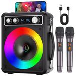 Karaoke Machine, Portable Bluetooth Speaker with 2 Wireless Microphones, PA System for Adults Kids with LED Lights, Supports REC/FM/AUX/USB/TF for Home Party