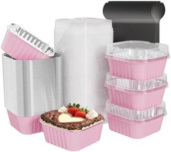 Ksmxos 100 Pack Square Mini Cake Pans with Lids,Mini Loaf Pans with Lids,Aluminum Foil Baking Cups,Disposable Ramekins Cupcake Cups,Dessert Cups for Wedding Birthday Party Picnics,5oz (Pink)