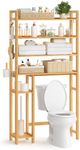 SONGMICS Over The Toilet Storage Shelf with Toilet Paper Holder, Bamboo Bathroom Organizer with Adjustable Shelves, 10.2 x 32.7 x 72.8 Inches, 4 Hooks, Storage Rack, Natural Beige UBTS017N01