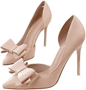 Womens Bow High Heels Closed Toe Dress Shoes Stiletto Slip on Wedding Pumps, Nude, 11