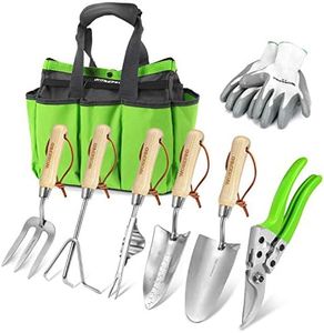 WORKPRO 7 Piece Garden Tools Set, Stainless Steel Hand Tools with Wooden Handle, Including Gloves, Trowel, Weeder, Hand fork, Hand Rake, Transplanter, Pruner and Garden Tote