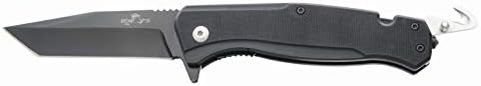 Bear OPS Bear Swipe IV Rescue Knife, 3-1/4-inch Blade, 14C28N Sandvik Stainless Steel, Black G10 Handle, Assisted Opening with Seat Belt Cutter and Glass Breaker (A-500-B4-B)