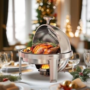 WARMOUNTS Roll-Top Chafing Dishes for Buffet with Glass Window (6QT) - Round Food-Grade Stainless Steel Chafers for Catering with Rolled Edge Design, for Party, Banquet (Full Size Food Pan)