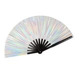 Qchengsan Silver Laser Rave Hand Fan,Large Folding Hand Rave Fan,Festival Fan,Clack Hand Held Fan for Party,Bamboo Holding Hand Fan Large Foldable Fan with Bright Color as Rave Outfits for Women