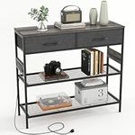 COTUBLR Console Table with Drawers and Outlets, Entryway Table with Storage Shelves, 39 inch Narrow Sofa Table for Living Room, Entry Table for Entryway, Hallway, Living Room Furniture, Grey Oak