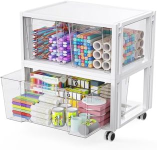 Stackable Storage Drawer Carts with Wheels, Extra Large Storage Bins 2 Tier 3 Pull-Out Drawers, Clear Plastic Storage Cabinet Organizer Container for Home Office Bedroom Bathroom Art Crafts Under Desk