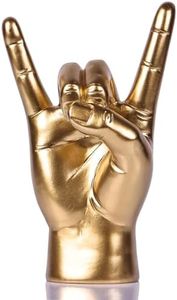 QIANLING 7.7" Gold Resin Rock On Hand Gesture Statue - Rock Culture Music Lovers' Decorative Tabletop Sculpture for Bookshelf, Desk & Mantel Decor in Home or Office, Modern Symbolic Figurine