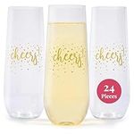 Prestee 24 Pack Stemless Plastic Champagne Flutes 9 Oz - Clear Plastic Cheers Glasses - New Years Eve 2024 Champagne Flutes, Shatterproof Disposable Wine Glasses, Party Mimosa Bar Supplies