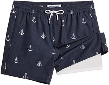 maamgic 5inch Mens Swim Trunks with Compression Liner 2-in-1 Swimming Shorts Stretch Quick Dry with Zipper Pockets, Navy-white Anchor, Medium