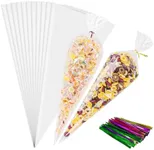 NPLUX 100 Pack Cellophane Bags,Clear Flat bottom Cellophane Treat Bags with 100 Pack Twist Ties for Candy Popcorn Cookie Small Gift Wrapping（6.3x11.8 Inches