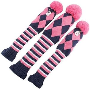 Craftsman Golf Knit Pom Pom 3pcs Headcover Set Vintange Sock Covers for Driver and Woods (Navy Argyle Pink White)