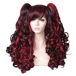 ColorGround Long Curly Multi-Color Cosplay Wig with 2 Ponytails(Black with Red)