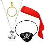 4Pcs Pirate Costume Accessories Set, Head Tie Skull Crossbones Eye Patch Hoop Earrring Necklace for Pirate Party Cosplay