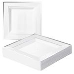 MATANA 40 Premium White Square Plastic Dinner Plates with Silver Rim, 24cm / 9 Inch - Elegant & Reusable Party Plates for Weddings, Birthdays, Picnic, BBQ, Parties