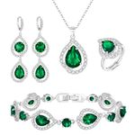 Ever Faith Costume Prom Jewellery Set for Women, Created Emerald Birthstone CZ Necklace Earrings Bracelet Ring Sets for Birthday/Mother's Day Gifts for Mom/Wife/Sister/Best Friend Green Silver-Tone