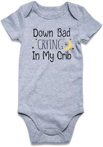 Funnycokid Infant Baby Boys Girls Down Bad Crying in My Crib Grey Bodysuit Newborn Announcement Jumpsuit Funny Romper Gender Neutral Baby Gift Playsuit 0-3 months