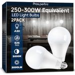 250 watt-300 watt Equivalent LED Light Bulbs, 3000 Lumens Daylight White 5000K 30W A30 LED Bulbs for Garage, Warehouse, Workshop, Commercial, Office, Backyard, E26 Base Light Bulb Non-Dimmable, 2-Pack