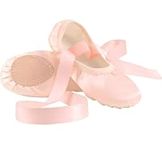 Sinta Ballet Shoes Satin with Ribbon Professional Dance Slipper Yoga Gymnastic Slippers Ballet Flat Leather Split Sole for Tolder Girls Women,Skin UK Child 13