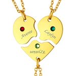 FindChic Personalized 3 BFF Customize Friendship Necklaces Best Friends Name Heart Puzzle Pendants for Girls with Birthstones 18K Gold Plated Engraved Jewelry for Family