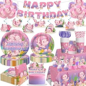 Axolotl Birthday Decorations Pink Axolotl Party Decorations Cake Cupcake Topper Balloons Banner Plates and Napkins Serve 50, Table Cloth Axolotl Party Supplies for Girls Cartoon Fun Animal Party
