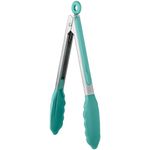 600ºF Heat Resistant Kitchen Tongs: U-Taste 9 in Silicone Cooking Tong with Firm Sealed Non Stick Rubber Tips & Silicon Coated 18/8 Stainless Steel Handle & Smooth Locking for Serving Salad(Aqua Sky)