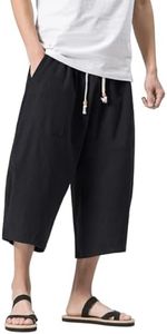 MAGNIVIT Men's Casual Elastic Waist Linen Capri Wide Leg Baggy Harem Pants Trousers Black 34
