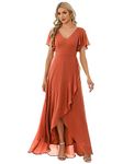 Ever-Pretty Women Chiffon Asymmetrical V Neck Short Sleeves Long Wedding Guest Dress Burnt Orange 16